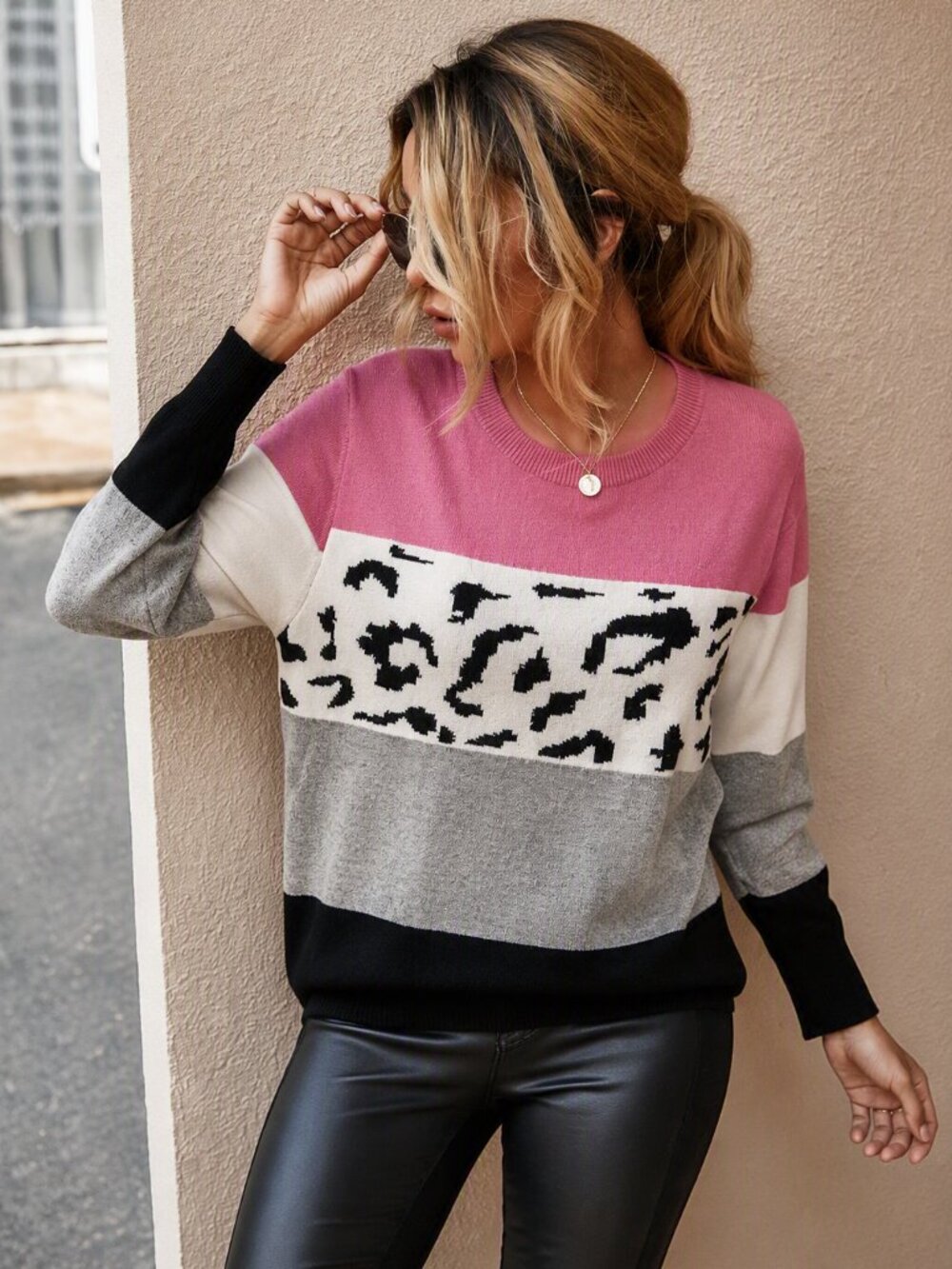 🩷 PrettyGarden Color Block Leopard Print Sweater | Pink Multi | Size S | NWT